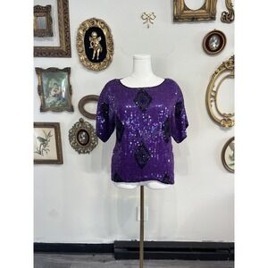 JLB Vintage Pure Silk Sequin Beaded Diamond Blouse Purple M